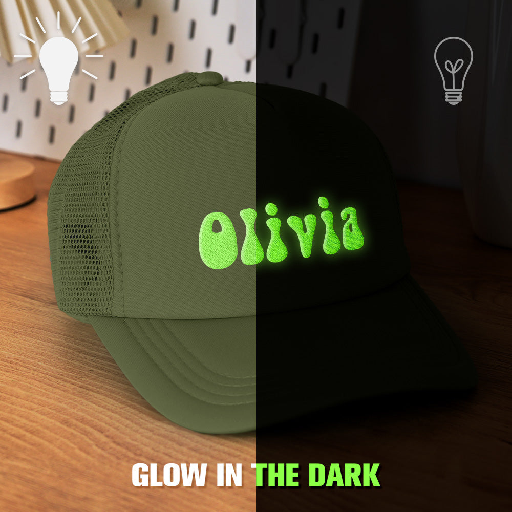 Composite showing day and night views of personalised puff print trucker hat to illustrate the glow-in-the-dark feature and customisation options.
