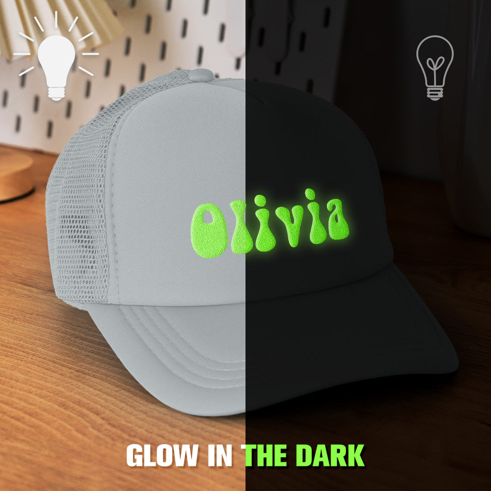 Sizing and measurement overlay for personalised Puff Print Trucker Hat — cap circumference, peak length and crown height details for adult fit.