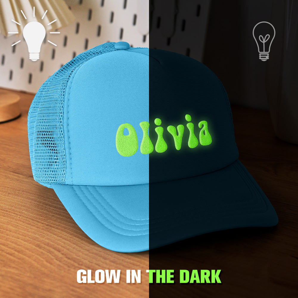 Interior close-up of sweatband and stitching inside personalised foam-front trucker hat for comfort and durable wear.