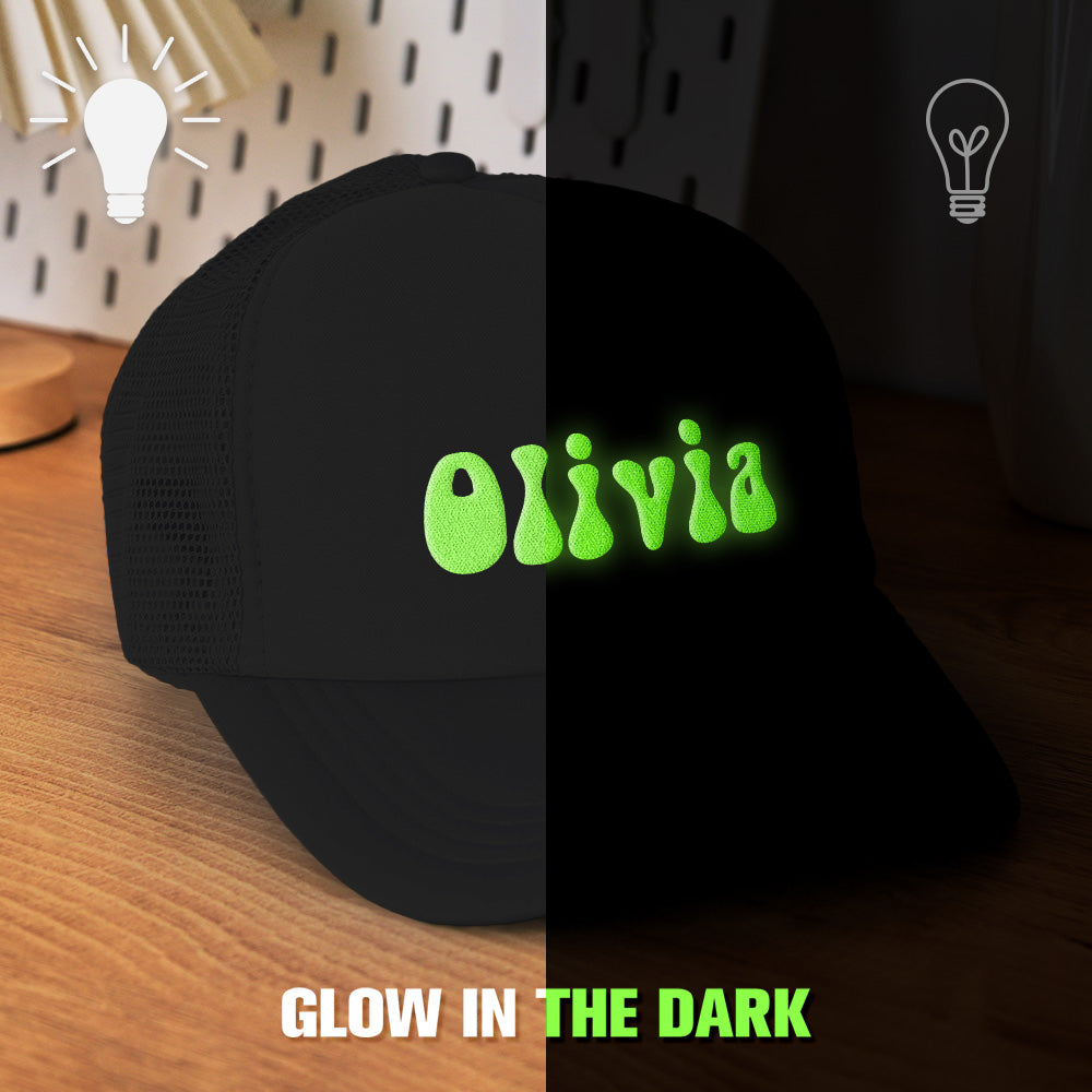 Selection of personalised Puff Print Trucker Hats in different colourways demonstrating custom print placement and glow-in-the-dark options.