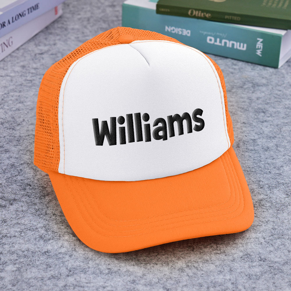 Styled product shot of Personalised Puff Print Trucker Hat paired with casual outfit — perfect gift idea for birthdays and Valentine’s Day