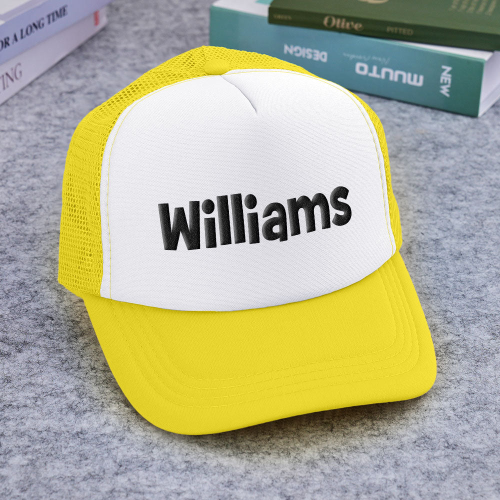 Group shot of personalised puff-print trucker hats showing variety of designs — ideal personalised gifts for kids and adults
