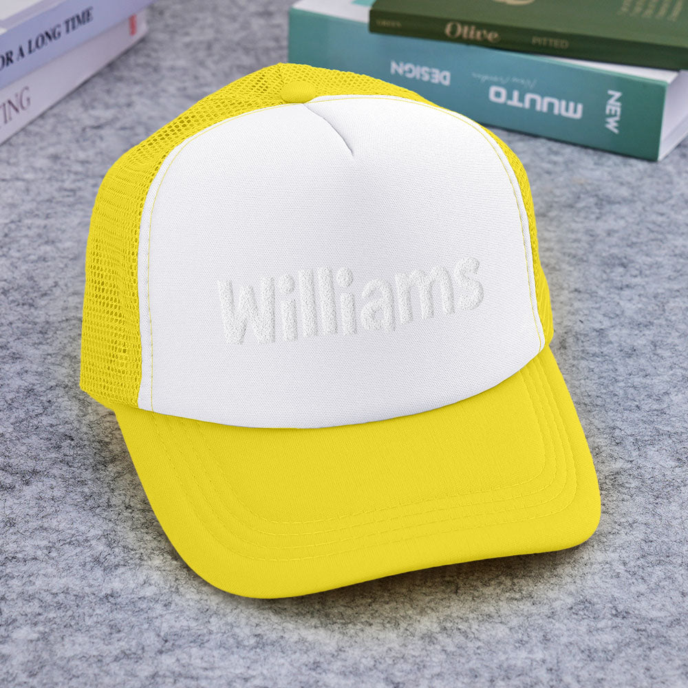 Product detail of cap interior and seam work on Custom Name Foam Trucker Cap for quality assurance in personalised name gifts