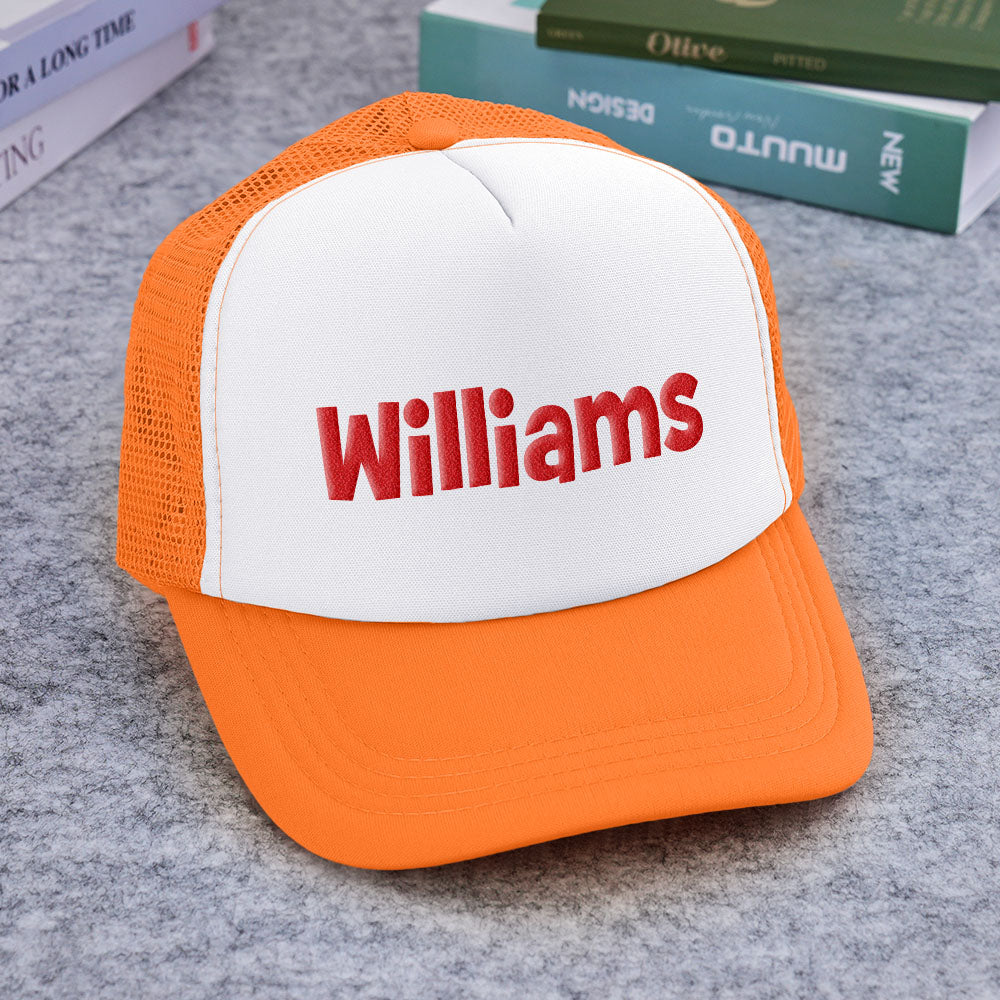 Rear angle showing snapback adjustment on personalised puff-print trucker hat, suitable as a personalised name gift for kids and adults