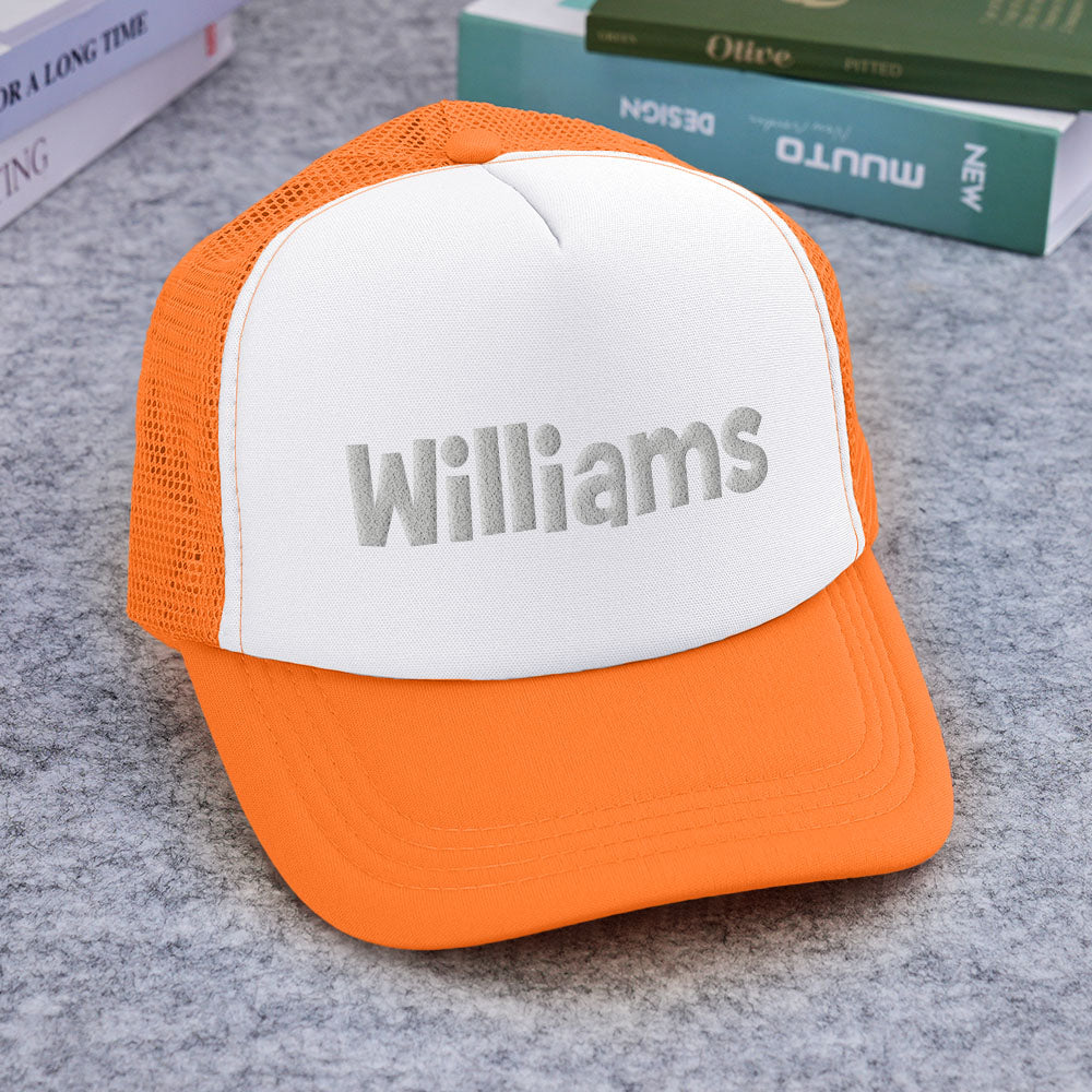 Close-up of foam front with bold puff-print customisation on Personalised Puff Print Trucker Hat for eye-catching bespoke names