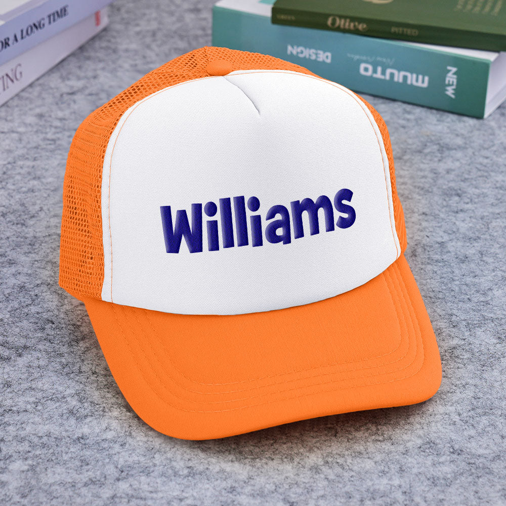 Multiple colour options displayed for Custom Name Foam Trucker Cap — mix-and-match personalised name gifts for every style