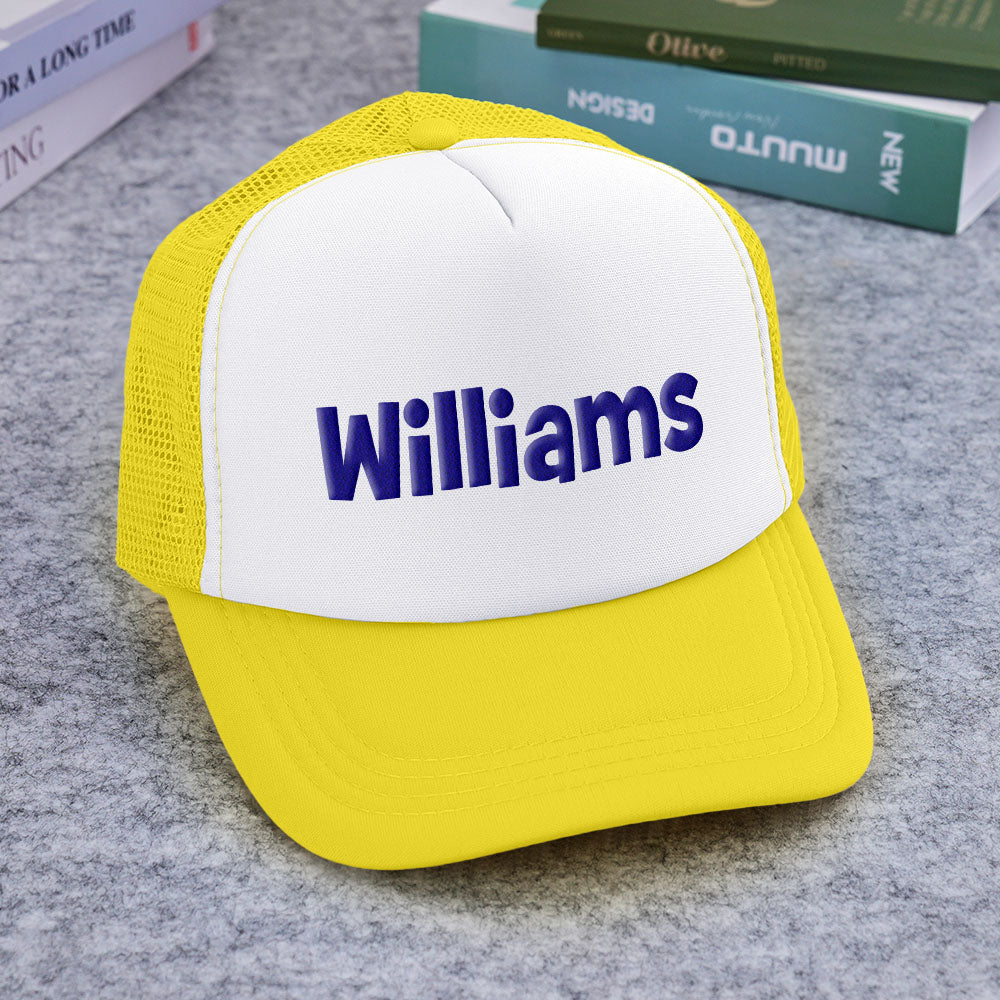 Side-by-side comparison of Custom Name Foam Trucker Caps showing puff-print vs plain front for personalised choices