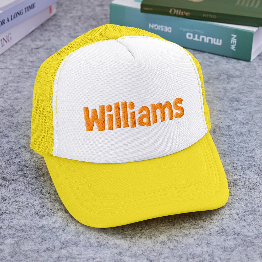 Kids wearing personalised puff-print trucker hats in a group — great gifts for kids and back-to-school personalised presents
