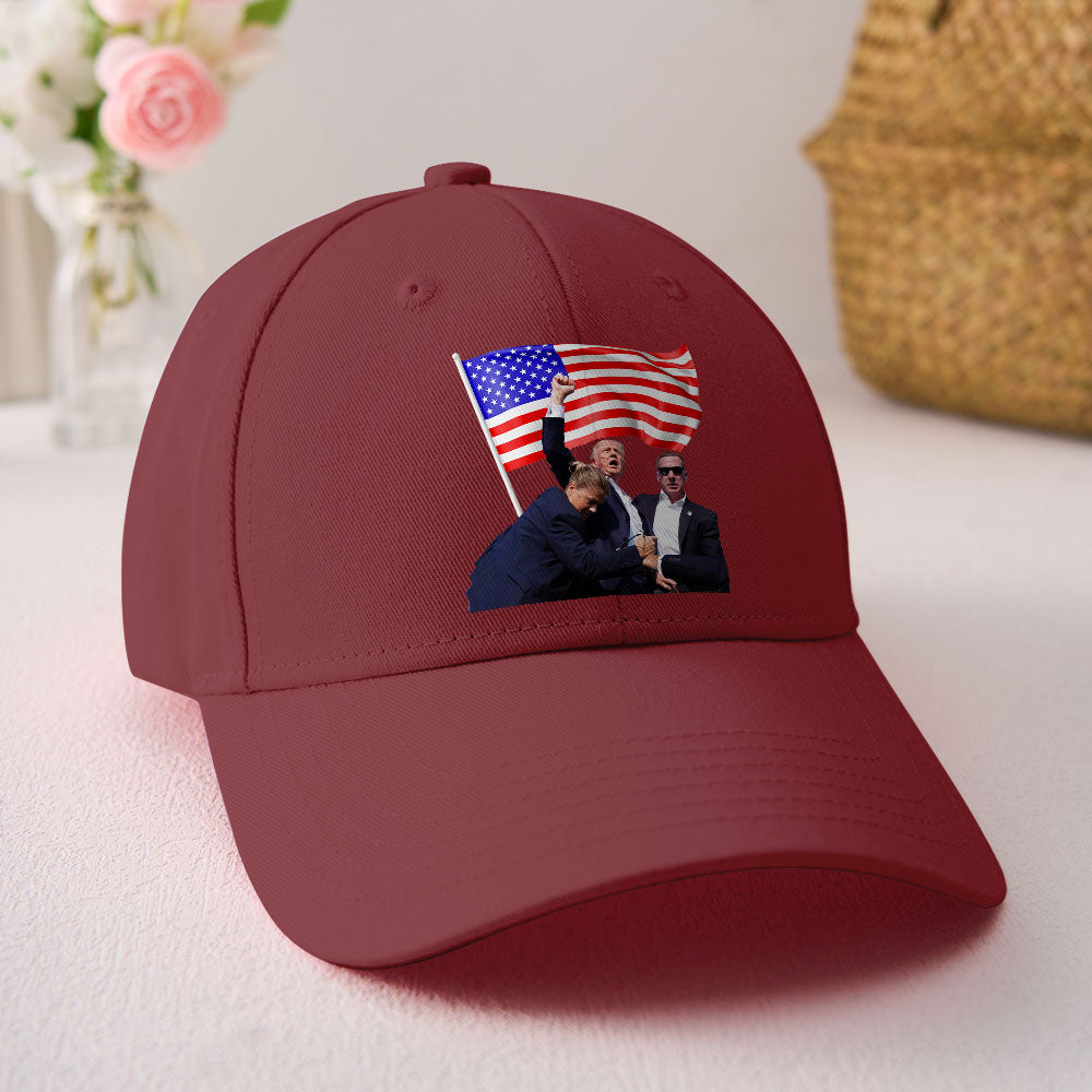 Top-down view of Trump 2024 cotton cap showing structured crown and breathable internal sweatband – comfortable supporter hat