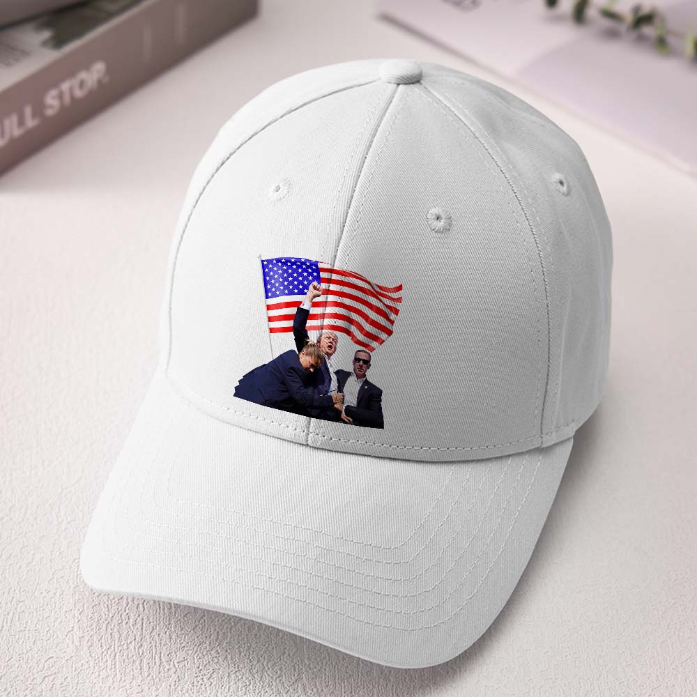 Three-quarter view of Trump 2024 cotton rally cap highlighting embroidered campaign slogan and durable stitchwork
