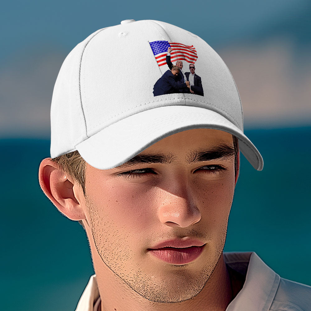 Collection display of Trump 2024 commemorative cotton caps — supporter merchandise for rallies, casual wear and collectors