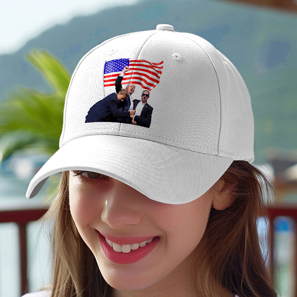 Personalised Trump 2024 cotton cap mock-up showing custom text/photo option — how to personalise your supporter hat