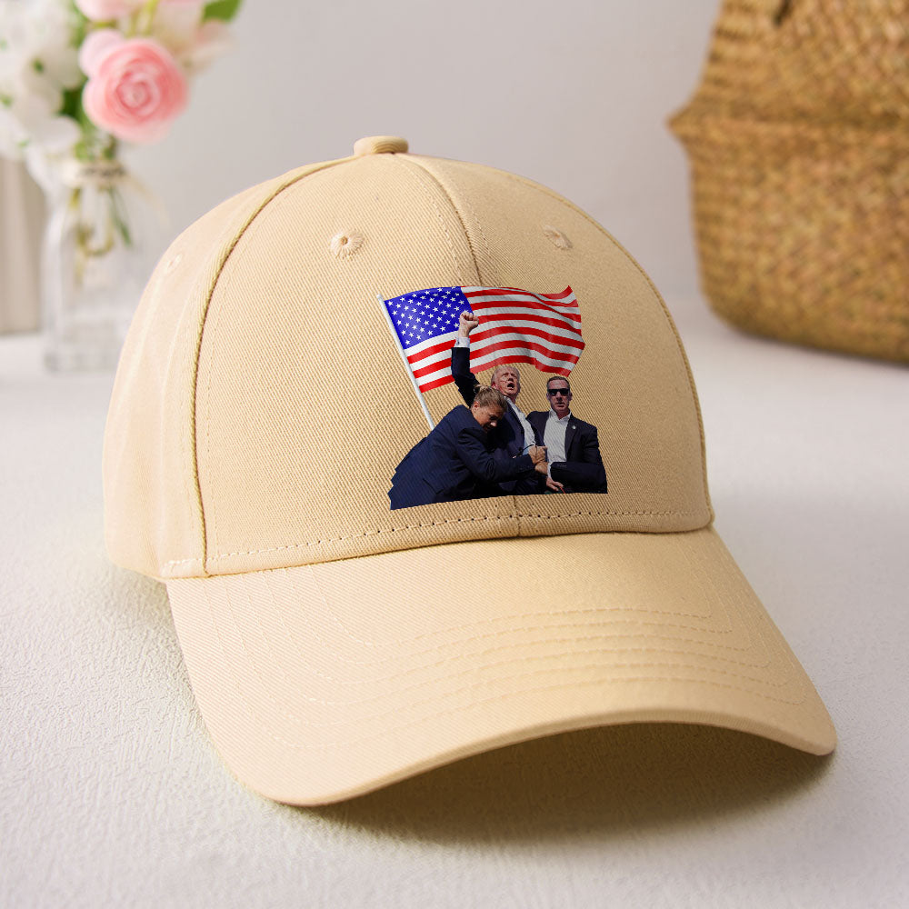 Front view of Trump 2024 commemorative cotton cap with embroidered 'Fight!' slogan – supporter rally hat in breathable 100% cotton