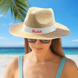 Personalized Straw Fedora Hat with White Band Custom Beach Hat Gift for Bridesmaid Friends Family Bachelorette Party