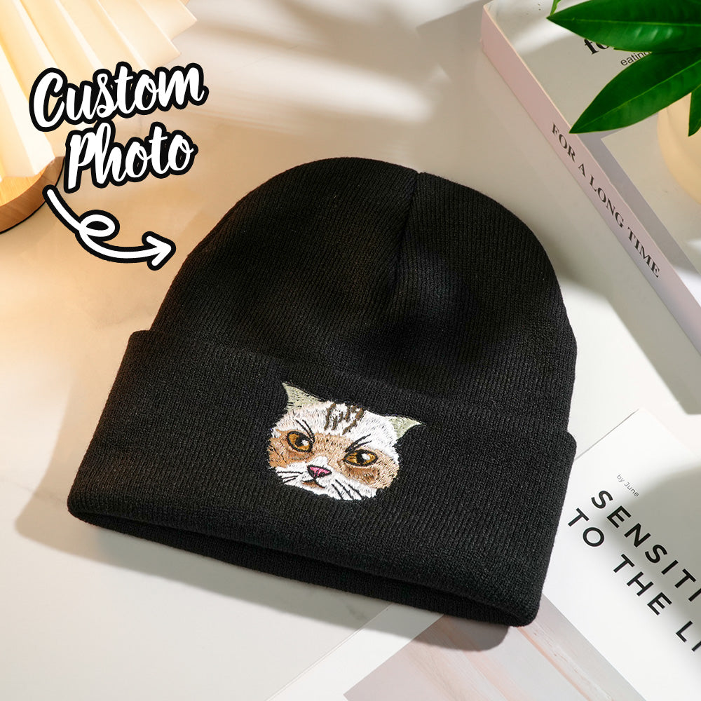 Personalised embroidered pet beanie front view showing a custom stitched pet portrait on a cosy knit hat — perfect custom knit hat for pet lovers