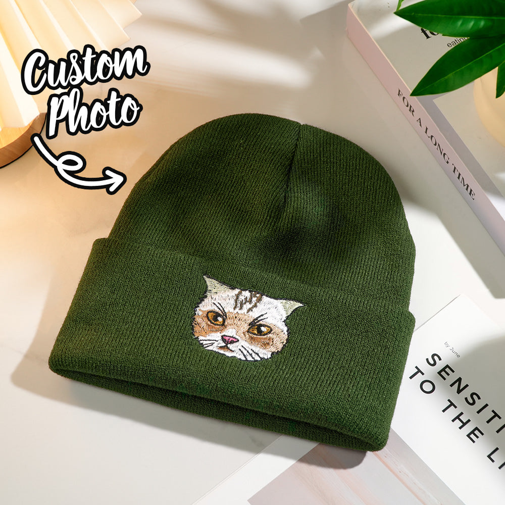 Model wearing a personalised embroidered pet beanie outdoors — stylish custom knit hat for dog mums and cat dads