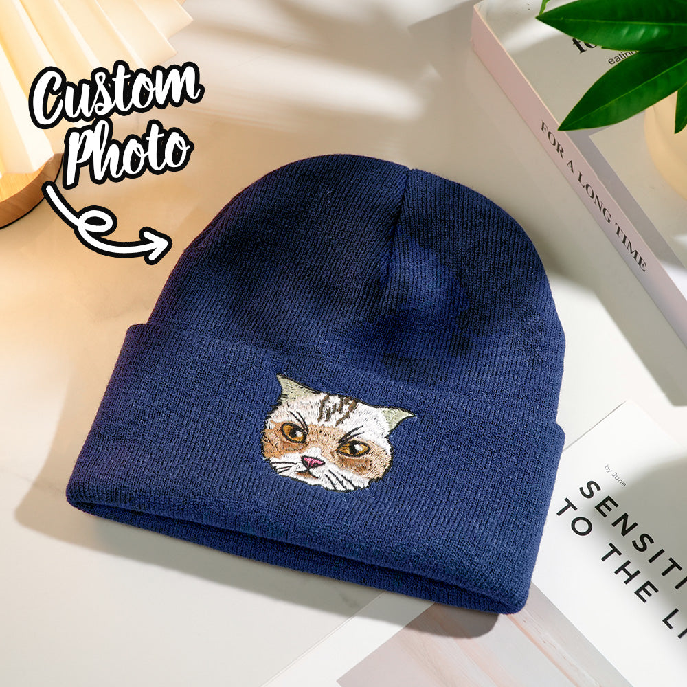Before and after example showing pet photo and the resulting personalised embroidered portrait recreated on the knit beanie