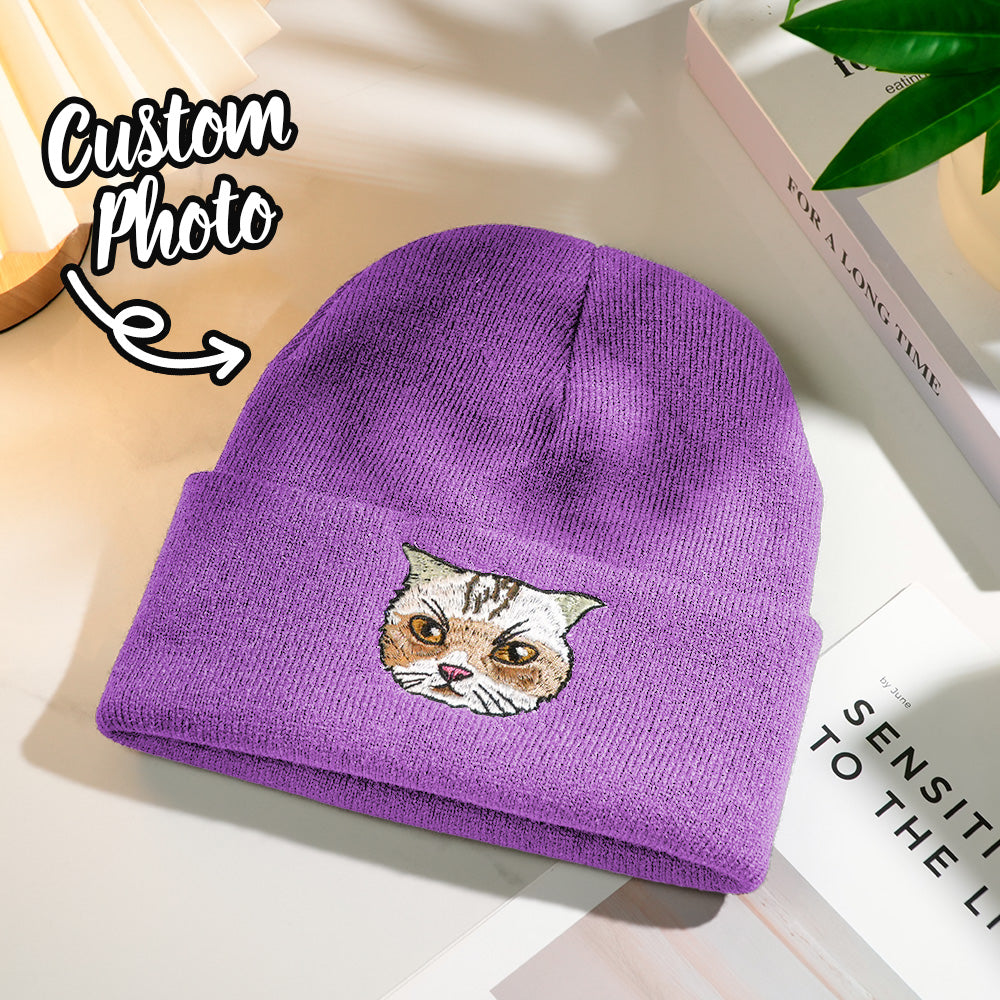 Detailed shot of stitchwork and knit texture on the personalised embroidered pet beanie highlighting durable embroidery and soft acrylic yarns