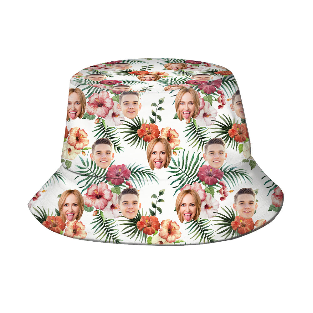 Customisable bucket hat shown with travel accessories — foldable sun hat for hiking, fishing and everyday wear