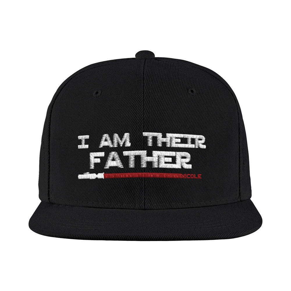 Angled shot of personalised 'I Am Their Father' cap highlighting multiple names and different coloured lightsabers – ideal Father's Day gift for Dad
