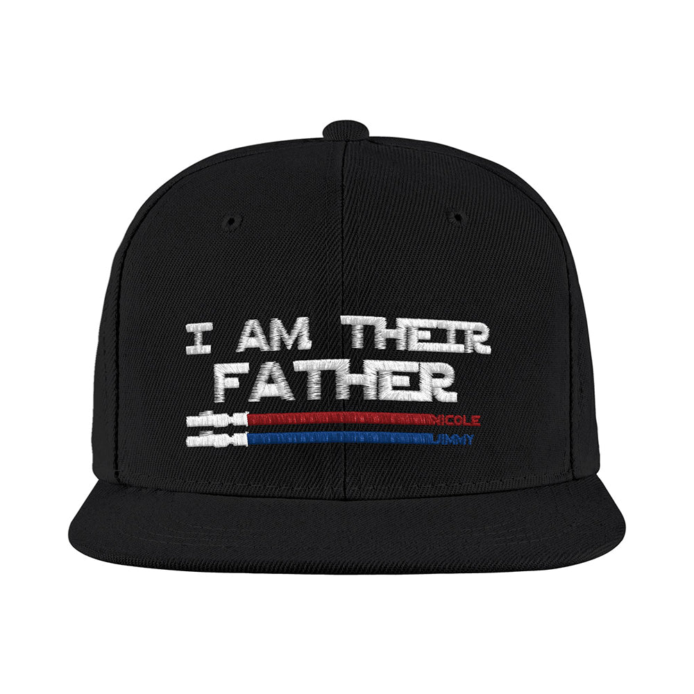 Flat-lay of personalised lightsaber baseball cap featuring 'I Am Their Father' text and personalised name graphics – bespoke gift for him