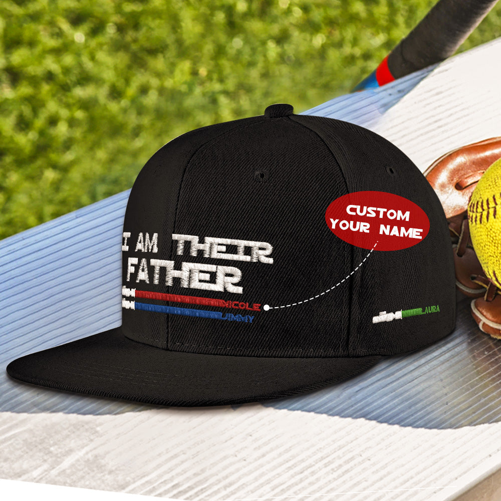 Lifestyle image of a Dad wearing the personalised 'I Am Their Father' lightsaber cap – unique personalised Father's Day present