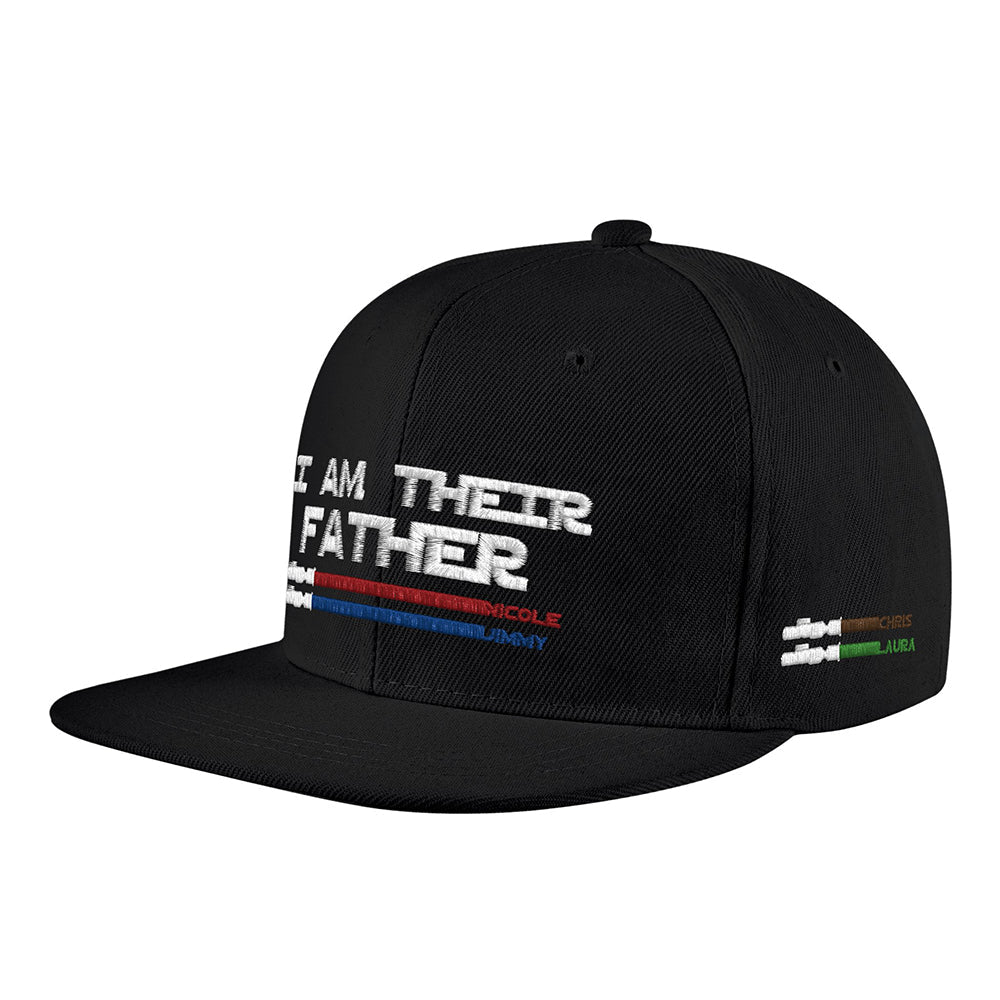 Lifestyle image of a Dad wearing the personalised 'I Am Their Father' lightsaber cap – unique personalised Father's Day present