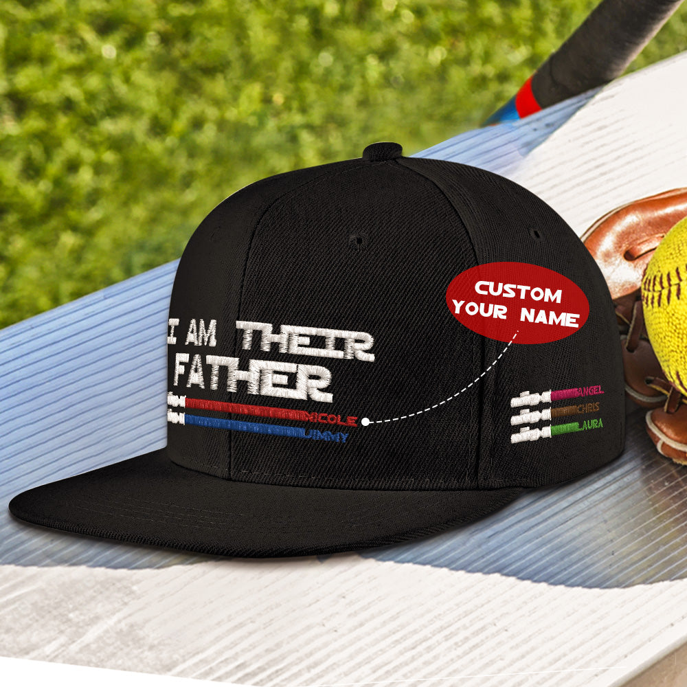 Top-down view of personalised lightsaber baseball cap displaying full 'I Am Their Father' design and multiple personalised names – custom name gift for Dad