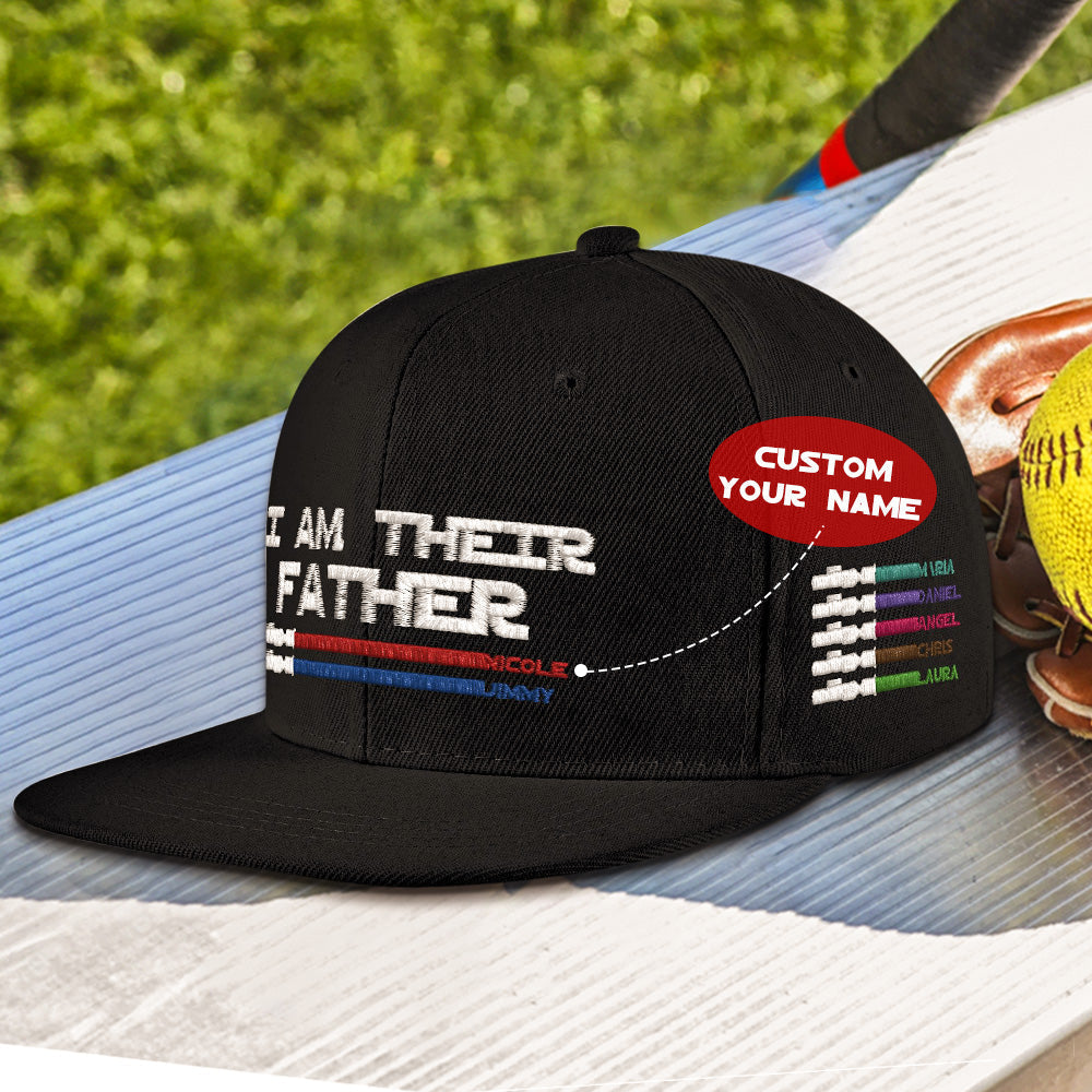 Product close-up showing printed 'I Am Their Father' text and individual coloured lightsabers beside each name – ideal personalised Dad gift