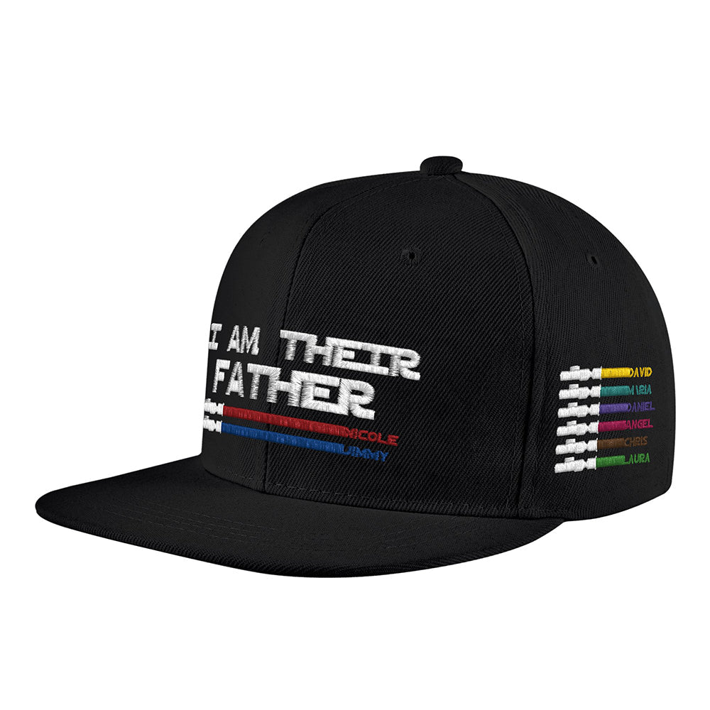 Product close-up showing printed 'I Am Their Father' text and individual coloured lightsabers beside each name – ideal personalised Dad gift