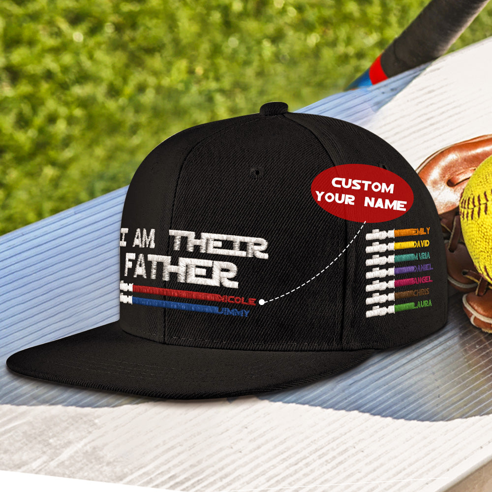 Styled flat-lay with personalised 'I Am Their Father' cap alongside a card to illustrate gifting – great personalised Father's Day or birthday present