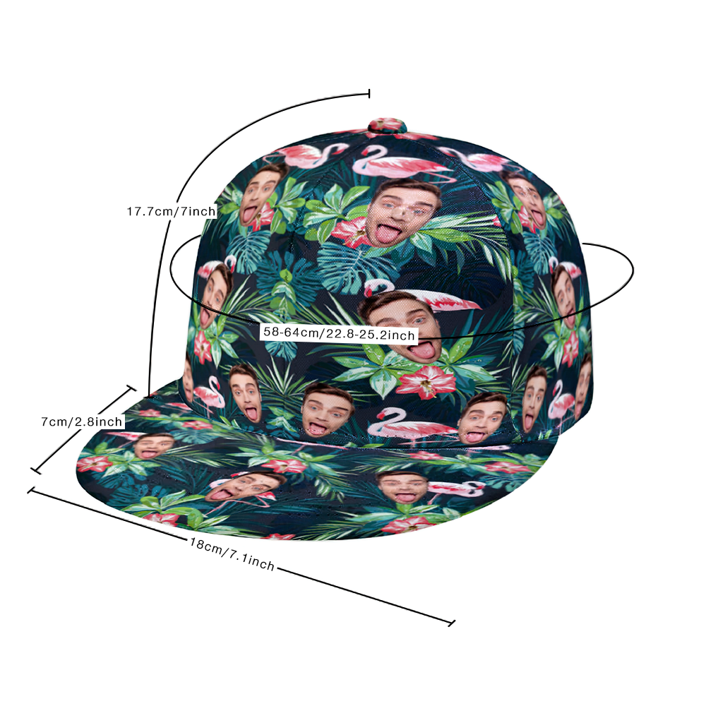 Side angle of personalised face Hawaiian-style cap showing curved brim and vivid custom face print on 220g polyester