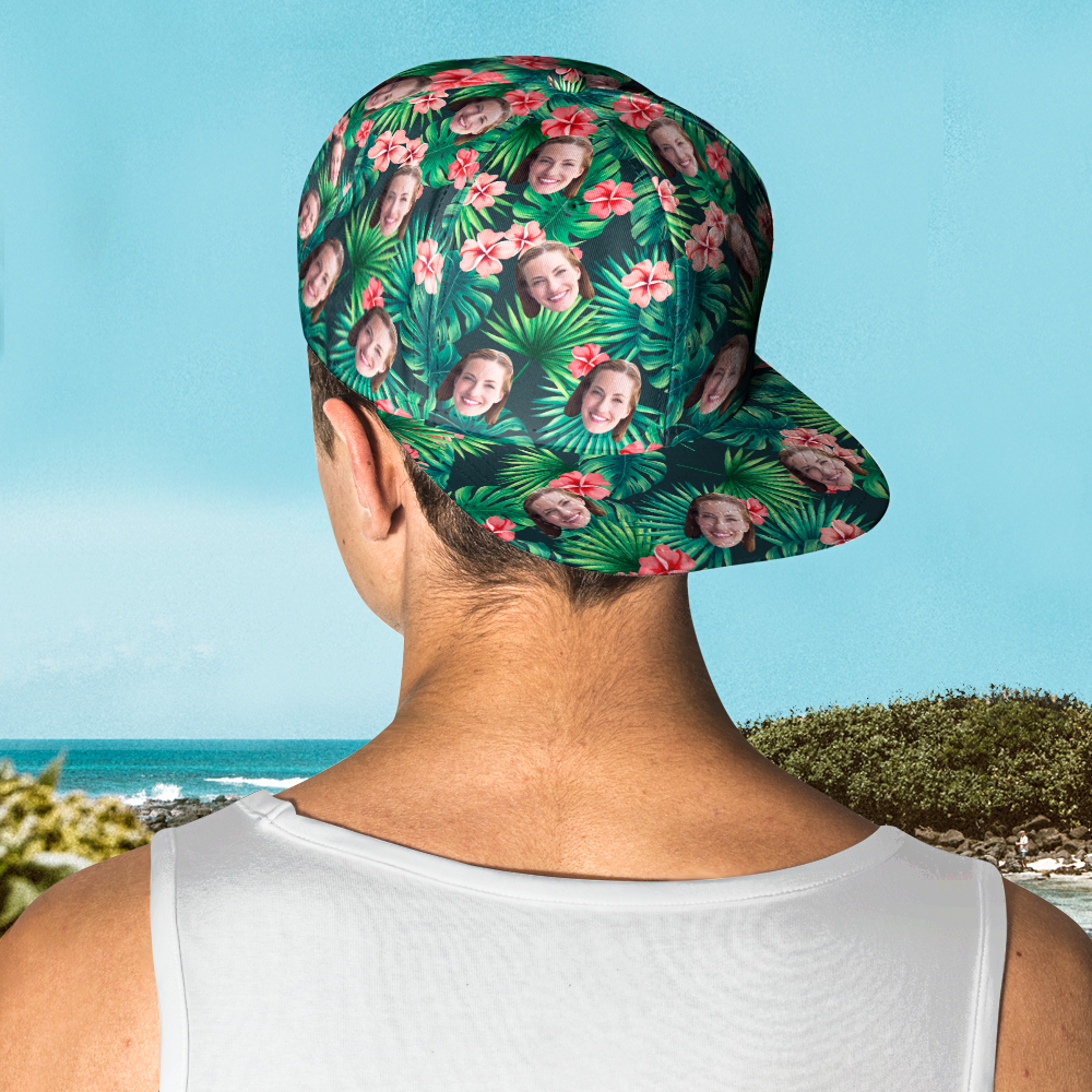 Rear view of personalised cap showing adjustable strap and seam details — personalised face Hawaiian-style baseball cap, polyester 220g