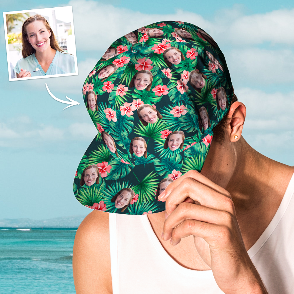 Close-up of custom face print on Hawaiian-style baseball cap demonstrating high-resolution detail and colour on polyester fabric