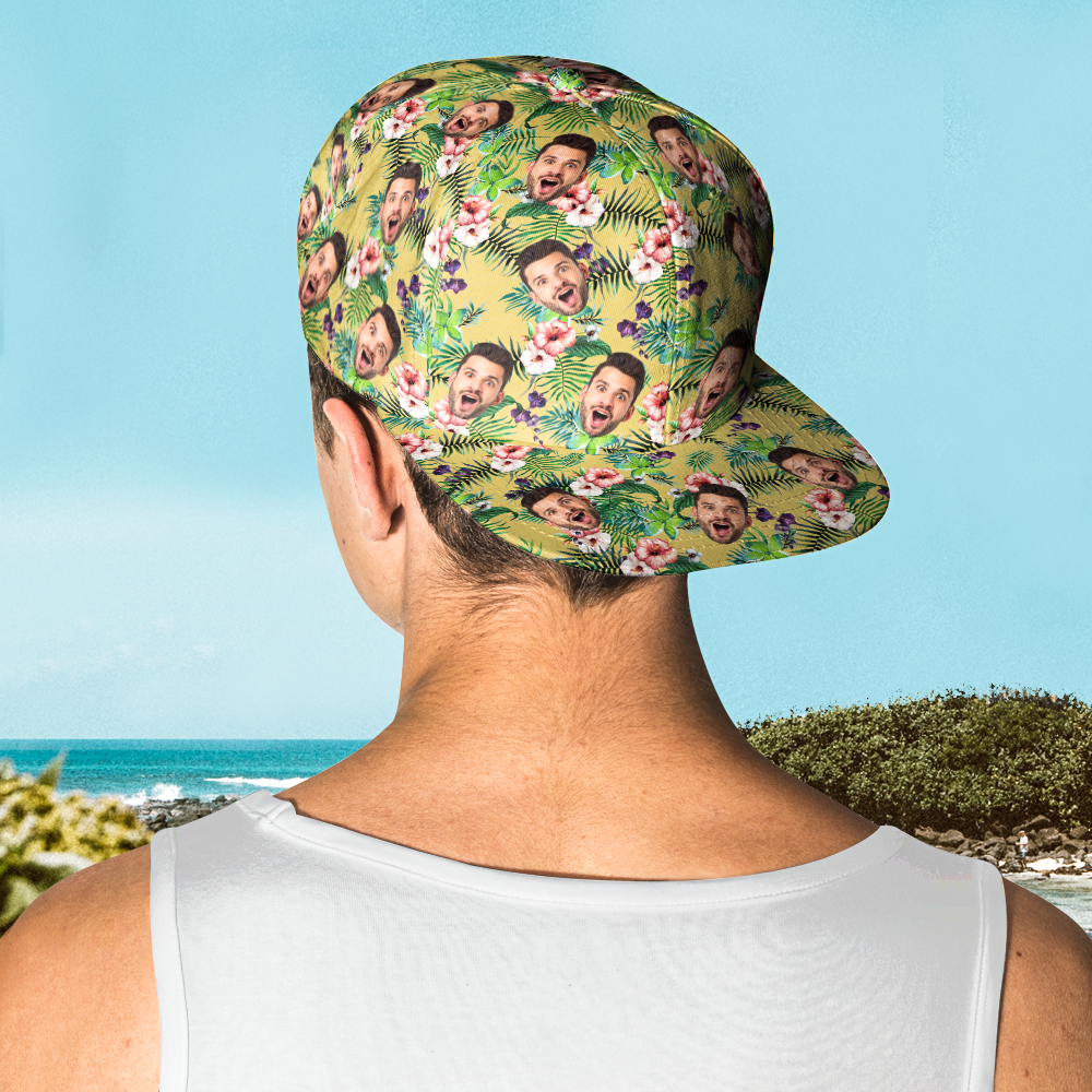 Close-up of brim and stitching on personalised Hawaiian-style baseball cap highlighting durable construction and vibrant custom print