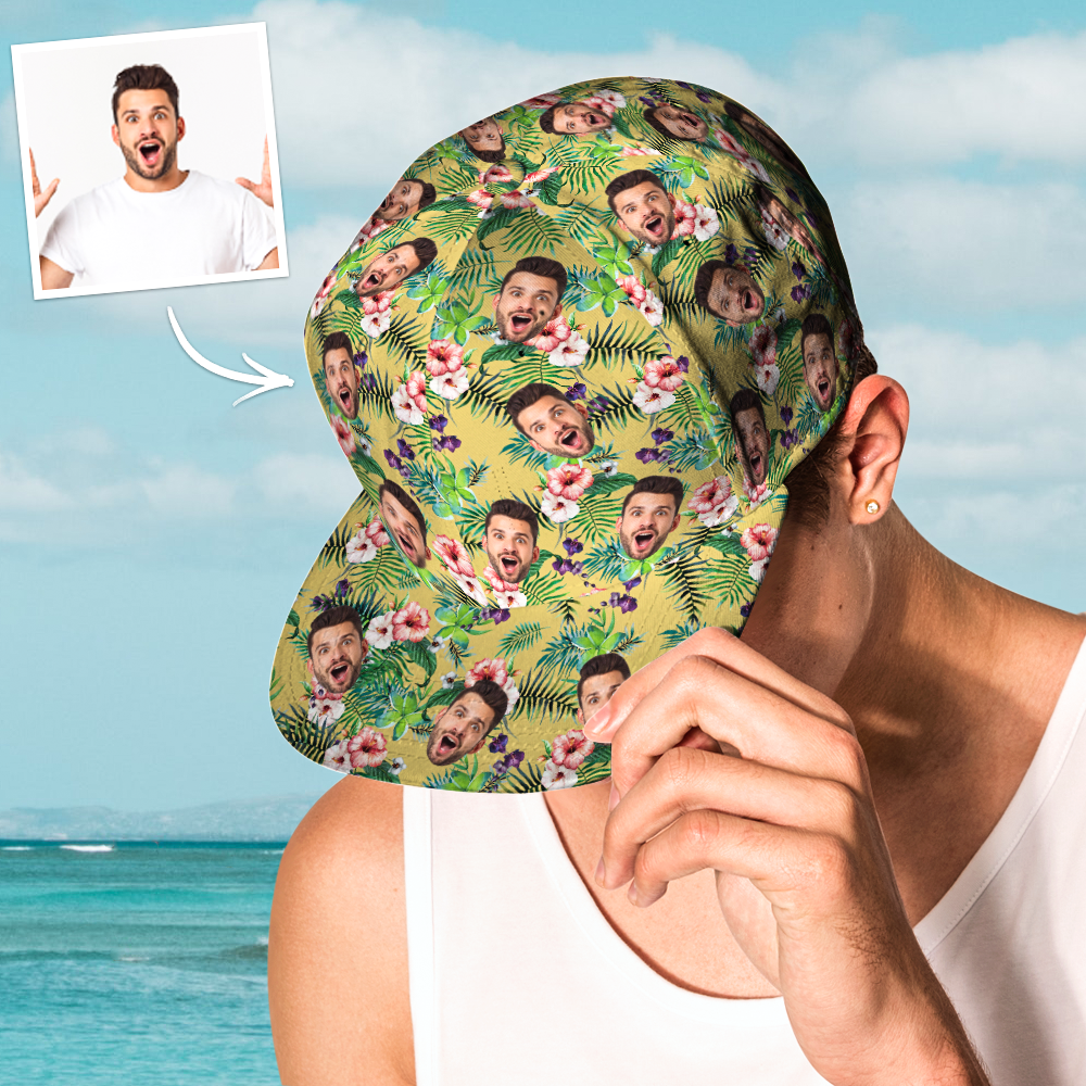 Three-quarter view of personalised face Hawaiian-style baseball cap on white background — a novelty personalised graduation or birthday gift