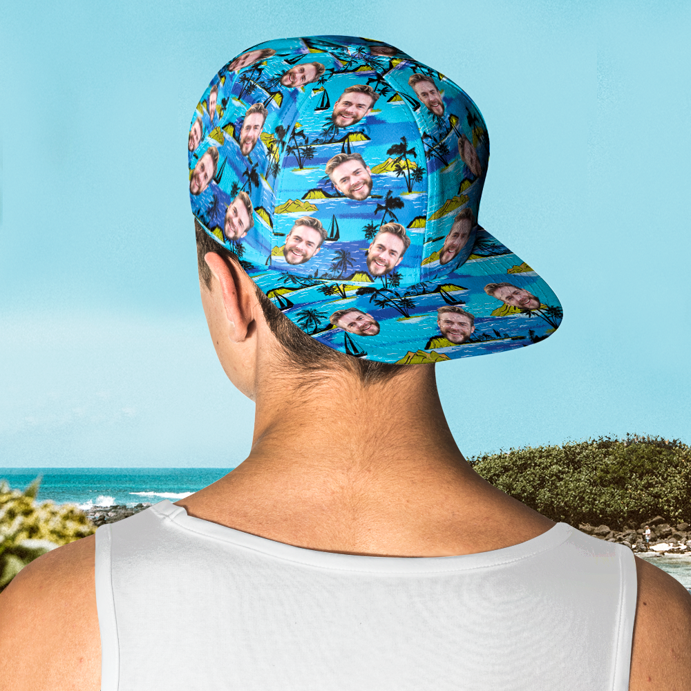 Lifestyle shot of person wearing a personalised face Hawaiian-style baseball cap at the beach — custom gift for him or her