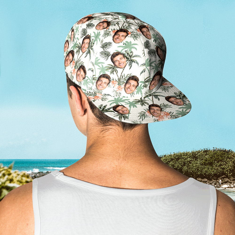 Detail shot of fabric texture and print resilience on personalised Hawaiian-style baseball cap — durable everyday wear