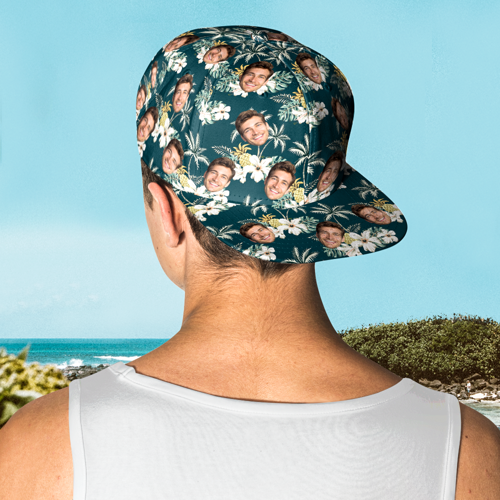 Multiple pattern options of personalised face Hawaiian-style caps displayed to show custom face/photo print variations