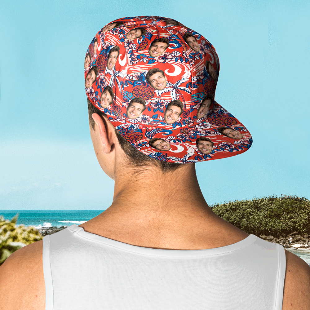 Cap on mannequin head showing fit and profile of personalised face Hawaiian-style baseball cap for everyday and beach wear