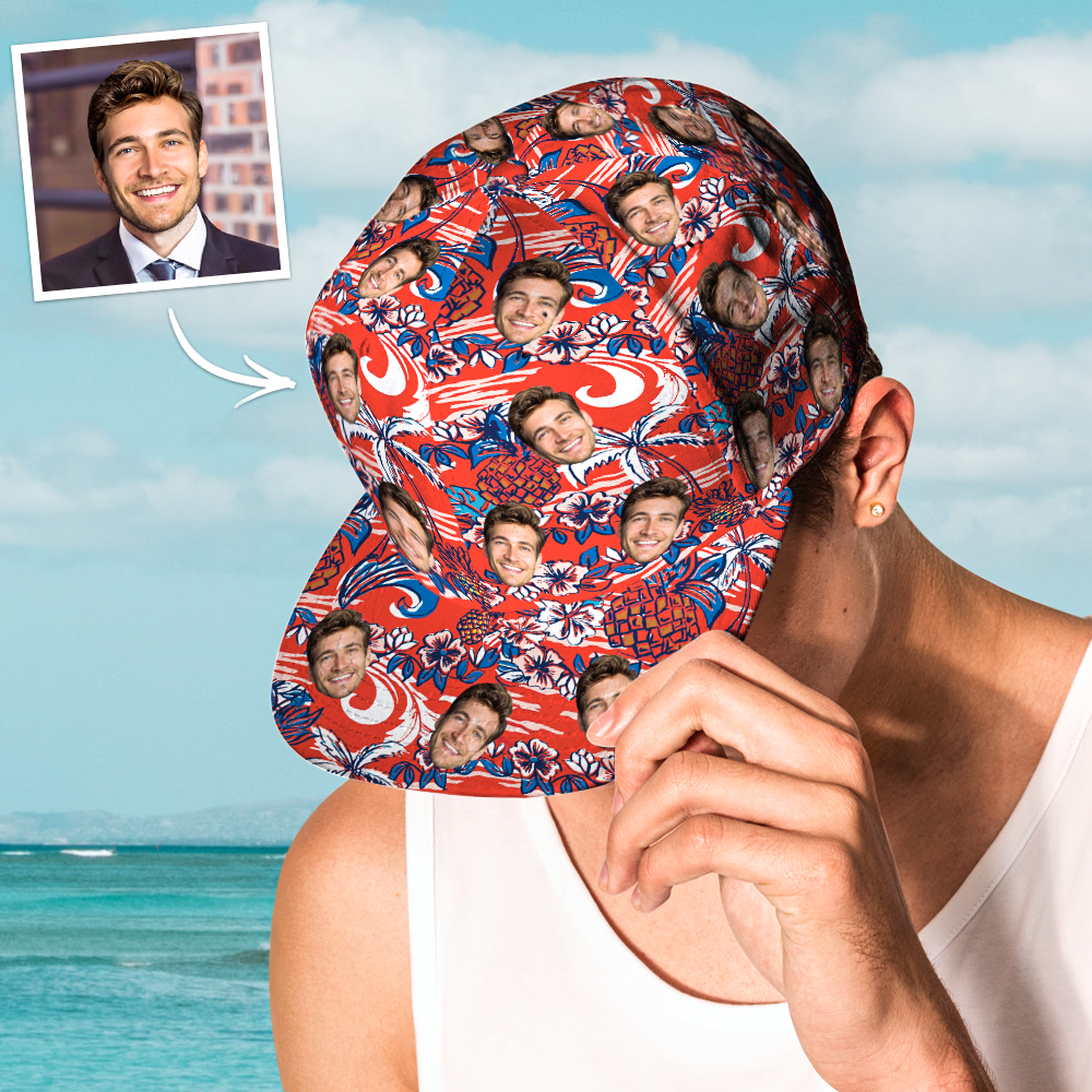 Customisation example showing photo alignment across cap panels for a seamless personalised face print
