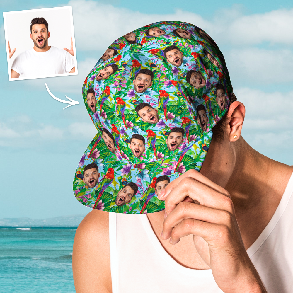 Overhead view of personalised cap highlighting full-surface print area and seamless custom photo application on polyester