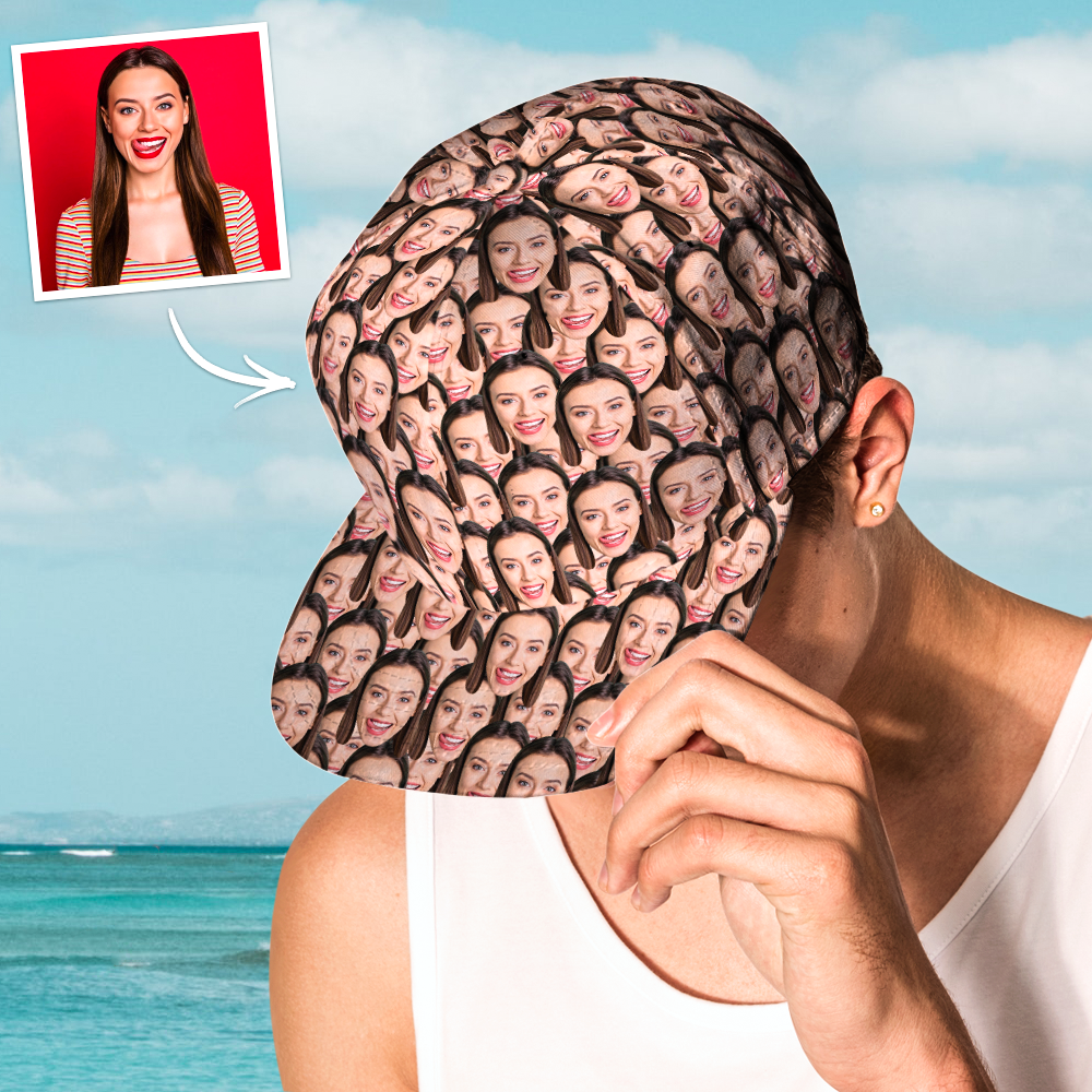 Personalised face Hawaiian-style baseball cap shown with gift tag — perfect personalised thank-you or graduation gift