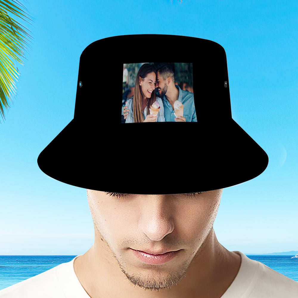 Front view of personalised custom photo bucket hat with high-resolution photo printed on the brim — lightweight foldable fisherman sun cap with UV protection, ideal personalised gift