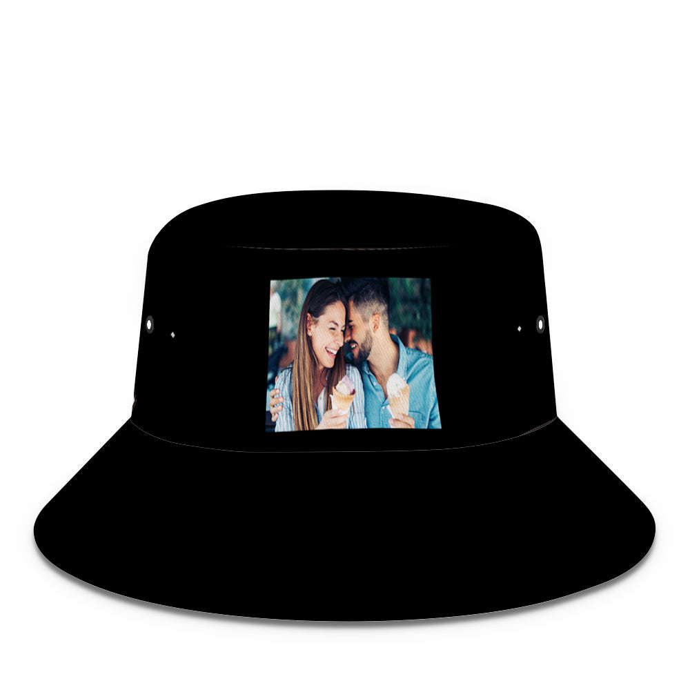 Close-up of personalised bucket hat brim detailing and stitching with vivid photo print — perfect personalised name gift or Father's Day present