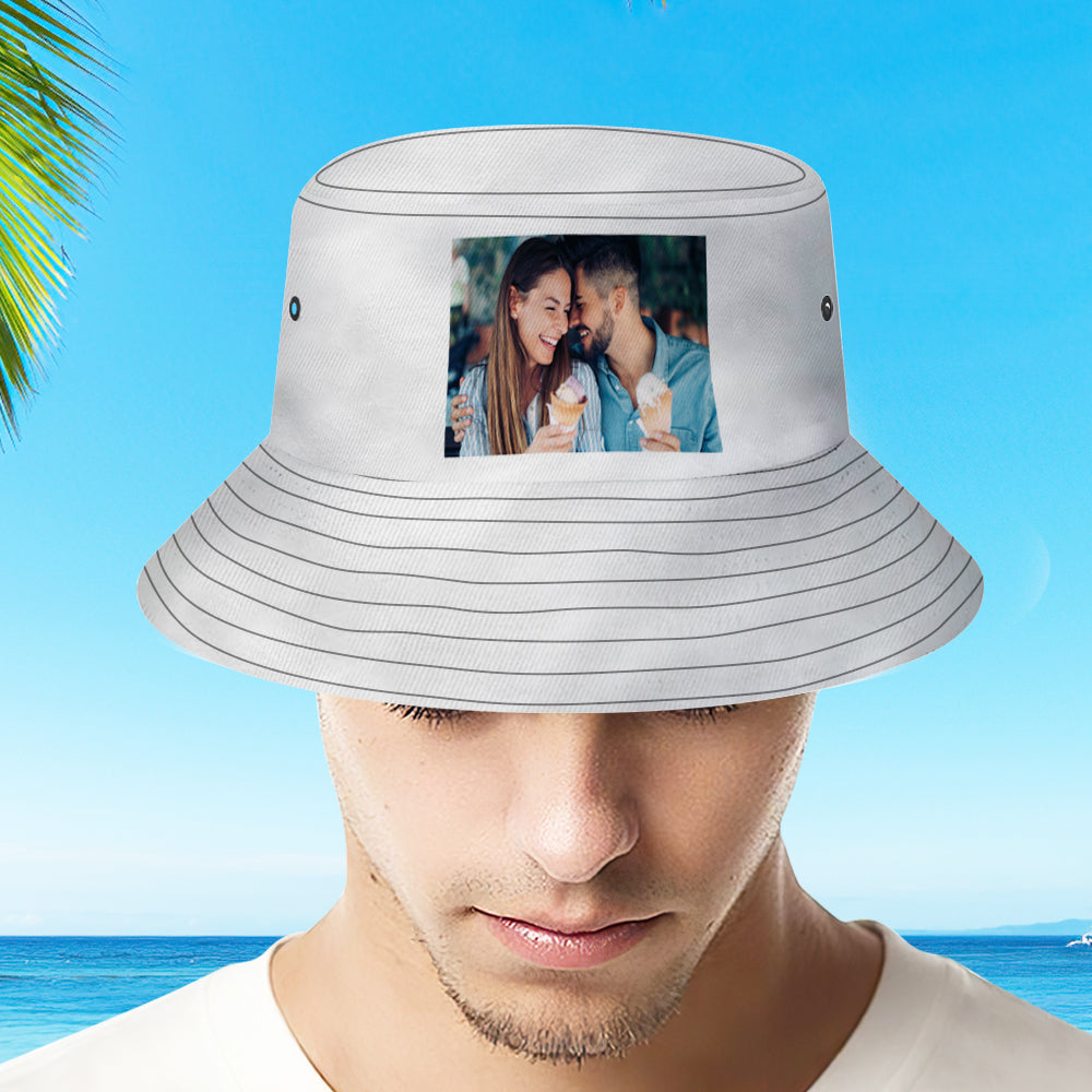 Lifestyle display of personalised bucket hat — custom photo brim fisherman cap offering sun protection for beach, camping and outdoor events
