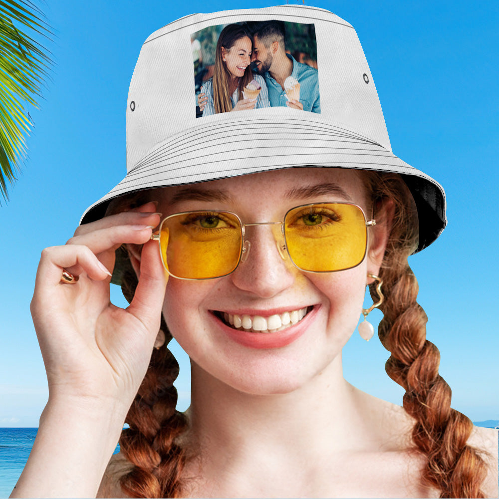 Close-up of printed photo on hat brim showing vibrant colours and high-resolution custom print — personalised photo bucket hat