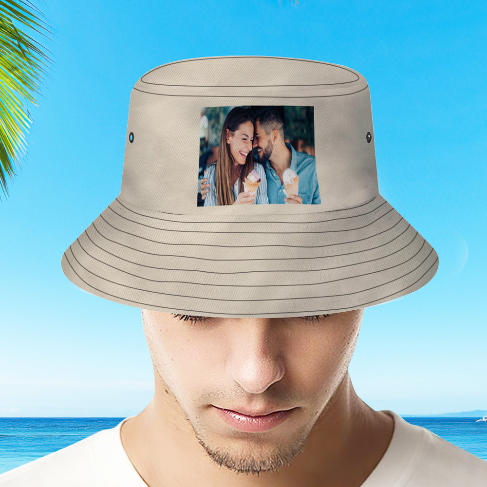 Product shot of personalised photo bucket hat showcasing style and brim print options — custom fisherman caps for beach and everyday outdoor use