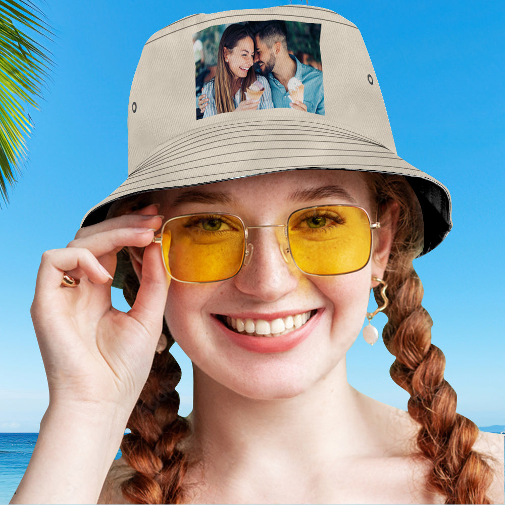 Hat displayed on mannequin highlighting personalised brim print — bespoke photo bucket hat, thoughtful gift for birthdays and Father's Day