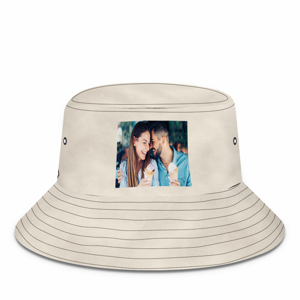 High-angle shot of personalised bucket hat emphasising wide brim and UV-shielding design — practical custom sun cap for outdoor activities